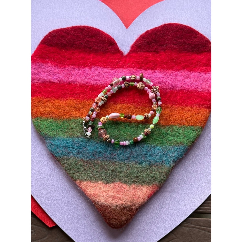 Y2K Multicolor Mixed Bead Necklace Pink Green Brown Floral Star Heart Boho 18 In - Picture 10 of 10
